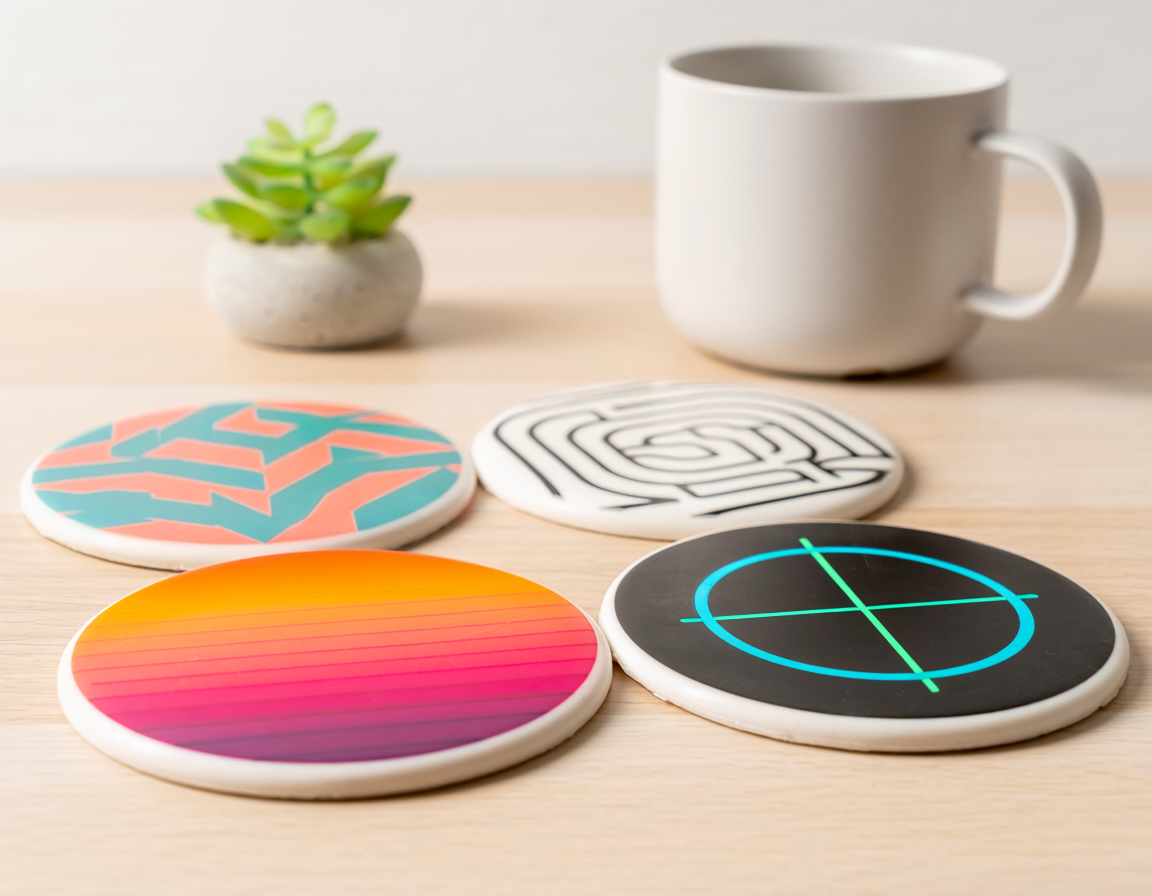 Four colorful coasters on a wooden surface 