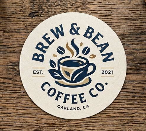 Circle coaster with 'Brew & Bean Coffee Co.' logo on a wooden table