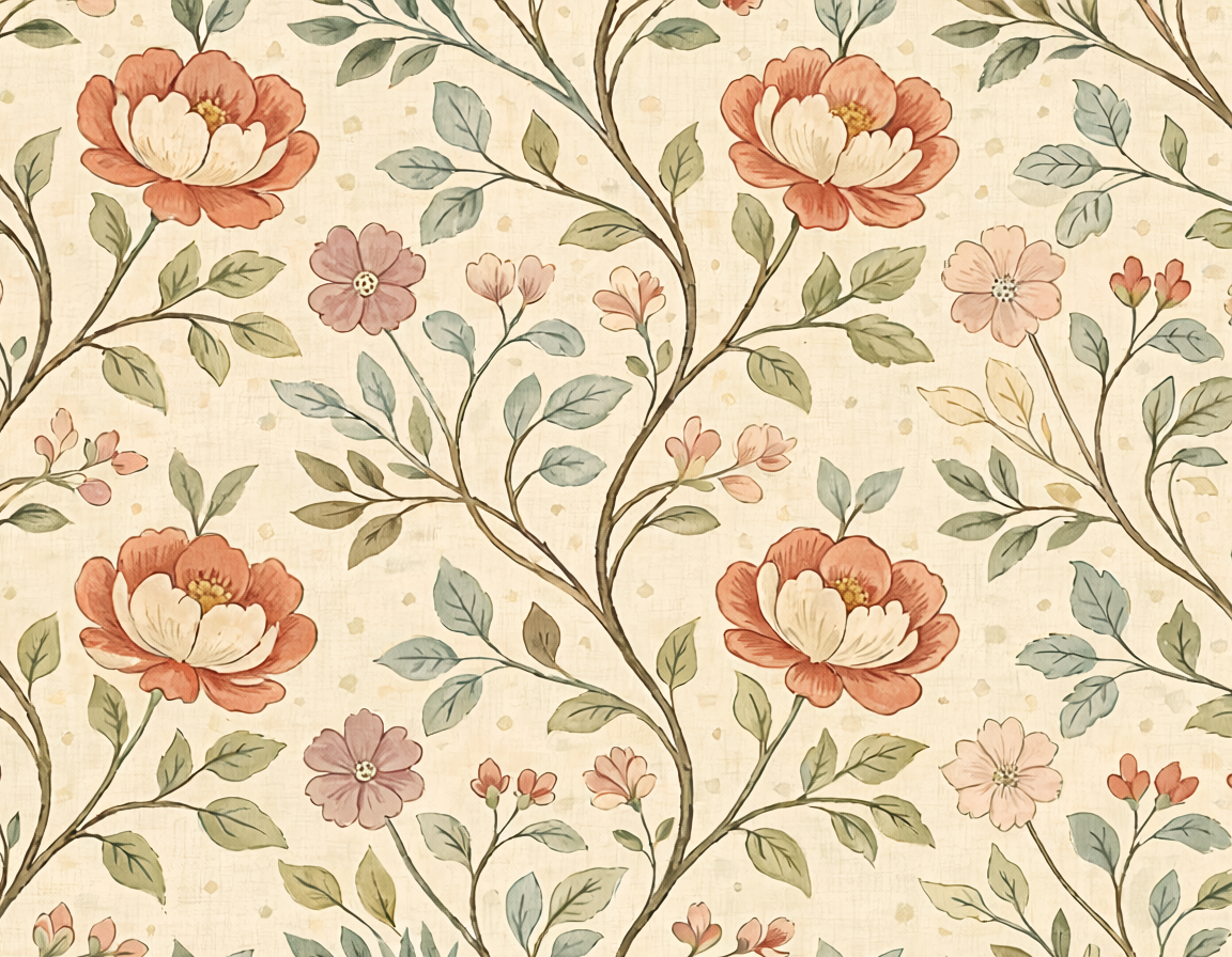 Floral pattern with red and pink flowers on a beige background