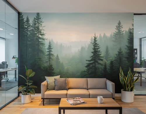Modern office with a forest wall graphic
