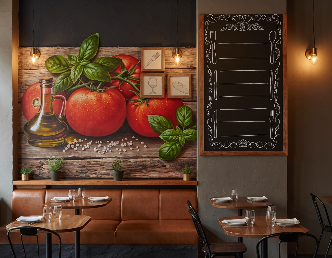 Wall graphics of tomatoes and oil on a restaurant wall