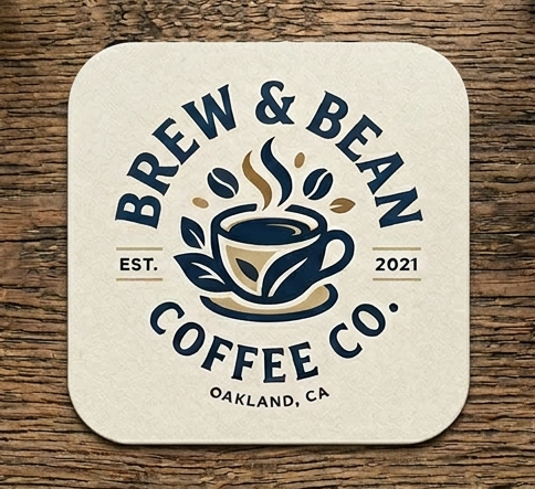 Rounded Square coaster with 'Brew & Bean Coffee Co.' logo on a wooden table