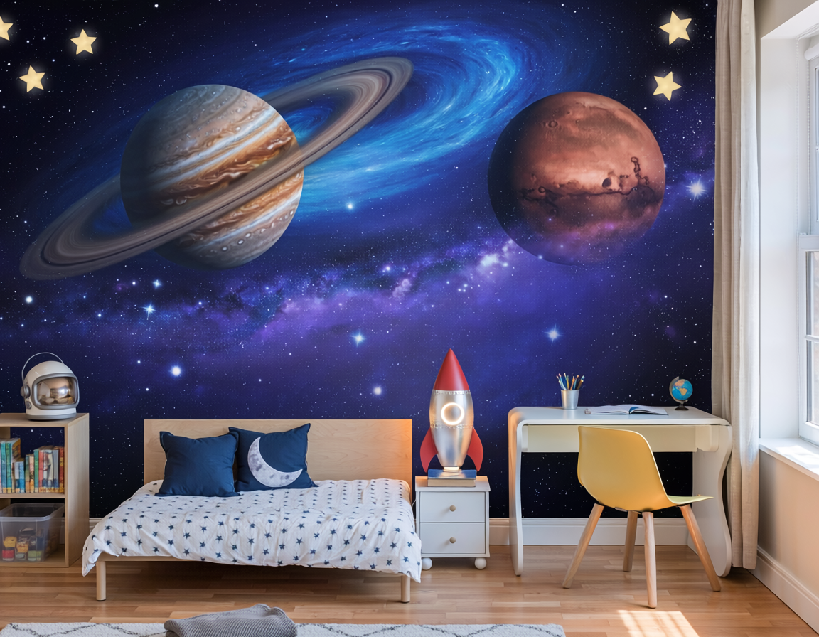 Children's room with a space-themed wall mural.