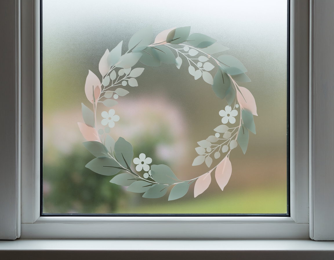 Decorative window film with floral wreath design on a window.