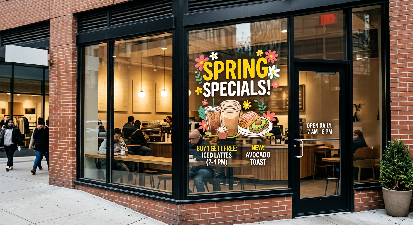 Storefront with a spring special sign on the window